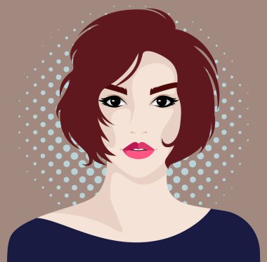 Kısa dalgalı saçlı, dolgun pembe dudaklı, koyu mavi elbiseli, benekli arka plan, vektör illüstrasyonlu güzel bir kadın.