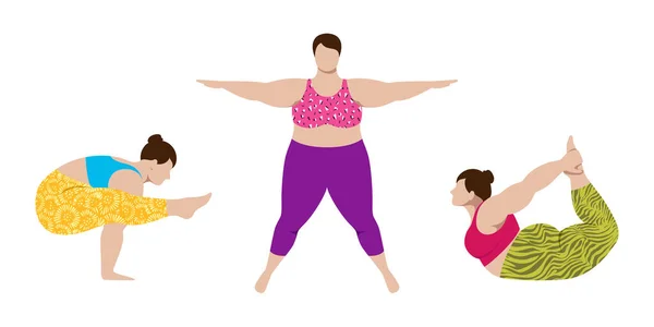 Trois Belle Femme Taille Pratiquant Yoga Portant Des Vêtements Sport — Image vectorielle