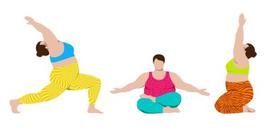 Üç tane güzel, büyük beden kadın yoga yapıyor, renkli, modern spor kıyafetleri giyiyor, beyaz arka planda izole edilmiş, vektör illüstrasyonlu.