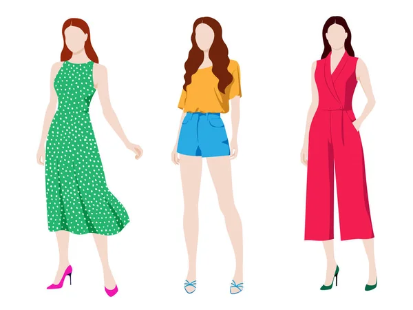 Farklı modern kıyafetler giyen, beyaz arka planda soyutlanmış, renkli vektör tasviri yapan üç genç moda kadını.