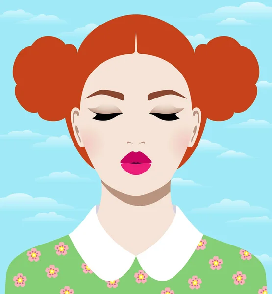 Portrait Vectoriel Belle Rêveuse Jeune Femme Rousse Portant Une Robe — Image vectorielle