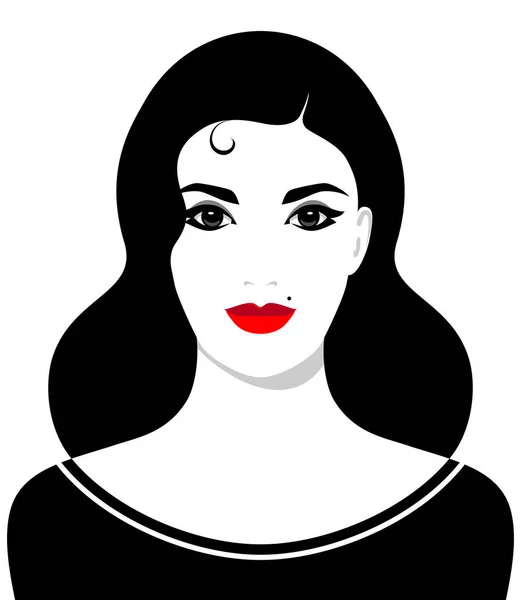 Piękna Młoda Pewna Siebie Kobieta Długimi Czarnymi Włosami Pełnymi Czerwonymi — Wektor stockowy