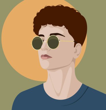 Dalgalı saçlı, tişörtlü, altın yuvarlak güneş gözlüklü, renkli vektör resimli yakışıklı bir genç portresi.
