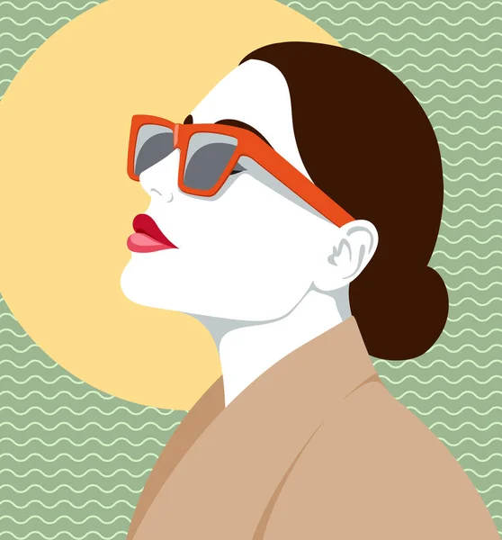 Vector Portrait Beautiful Young Woman Full Red Lips Wearing Camel — Wektor stockowy