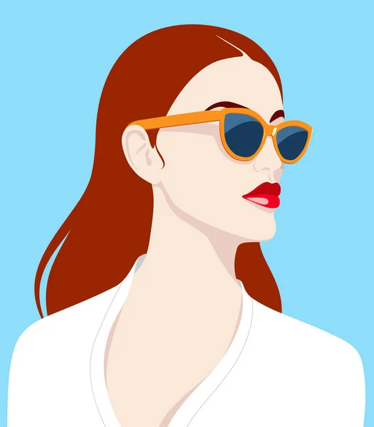 Portrait of beautiful redhead woman with full red lips wearing fashionable orange sunglasses and white blouse against blue sky