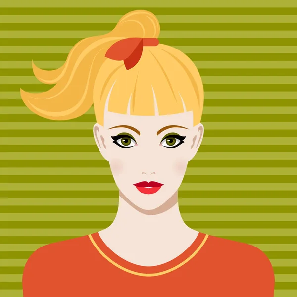Vektorový Portrét Krásné Mladé Blondýny Zelenýma Očima Culíky Pruhovaném Pozadí — Stockový vektor
