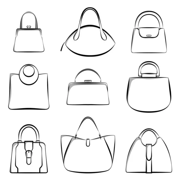 Set Different Modern Women Handbags Black White Isolated White Background — Stock Vector