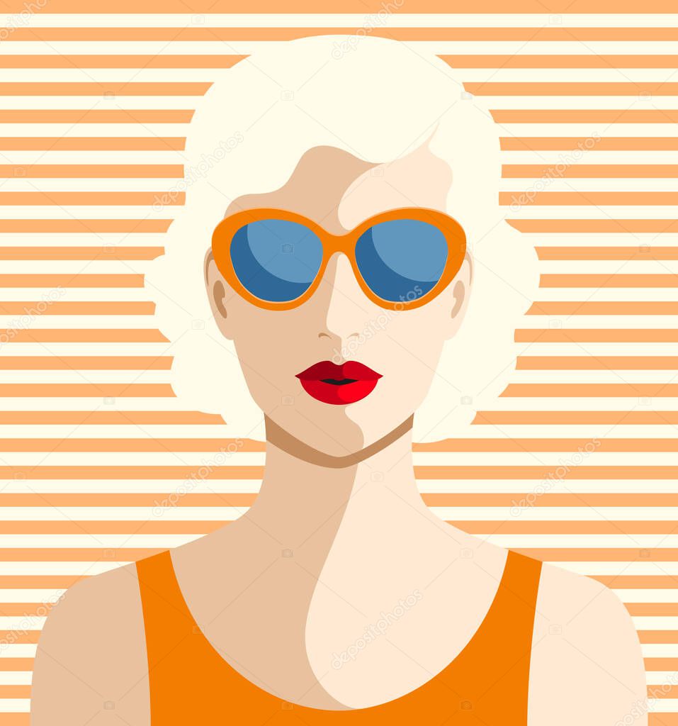 Simple colorful vector portrait of beautiful young platinum blonde woman wearing fashionable orange sunglasses and t-shirt against striped background