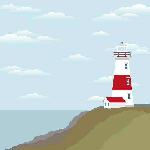 Lighthouse Seashore Landscape Hills Sea Ocean Blue Sky Clouds Nautical — 스톡 벡터