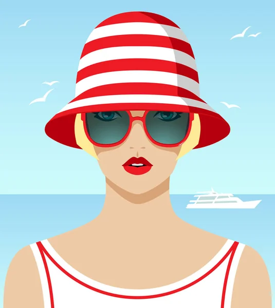 Beautiful Blonde Woman Vacation Wearing Large Fashionable Red Sunglasses Striped — Vetor de Stock