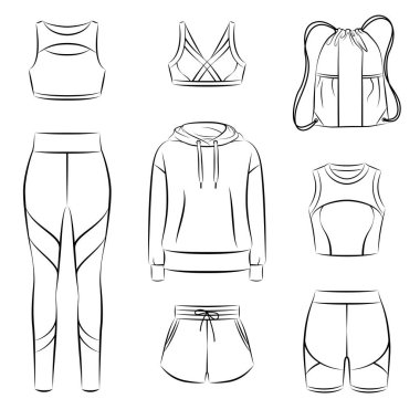 Collection of woman sportswear, casual modern clothing for active woman, fashionable and comfortable outfit for fitness training, jogging, yoga and workout isolated on white background