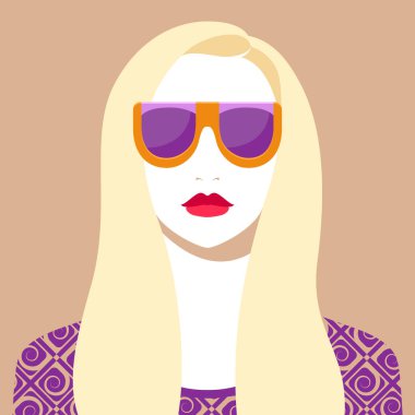 Beautiful woman with long blonde hair and full red lips wearing fashionable sunglasses and dress with abstract geometric pattern, colorful vector portrait, front view