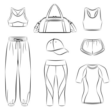 Collection of woman sportswear, casual modern clothing for active woman, fashionable and comfortable outfit for fitness training, jogging, yoga and workout isolated on white background