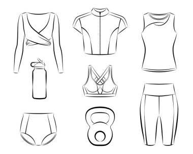 Collection of woman sportswear, casual modern clothing for active woman, fashionable and comfortable outfit for fitness training, jogging, yoga, athletics and workout isolated on white background