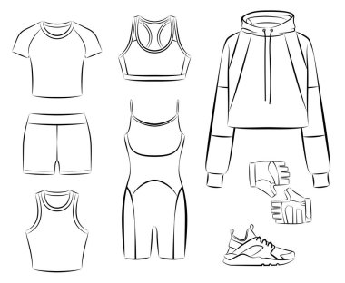 Collection of woman sportswear, casual modern clothing for active woman, fashionable and comfortable outfit for fitness training, jogging, yoga, athletics and workout isolated on white background