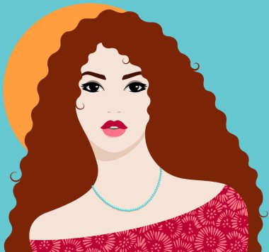 Uzun dalgalı saçlı, dolgun kırmızı dudaklı, soyut çiçek desenli kırmızı elbiseli güzel bir kadın ve renkli arka plan, vektör portresi, ön görüş...