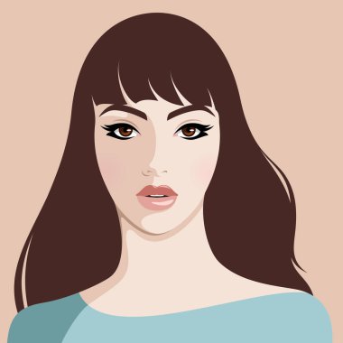 Uzun dalgalı saçlı, pembe dudaklı, koyu kahverengi gözlü, renkli vektör portresi olan güzel genç bir kızın vektör çizimi.