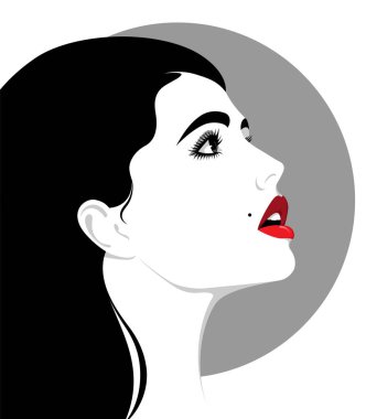 Yüzünde güzellik lekesi, açık kırmızı dudaklar, uzun siyah dalgalı saçlar, profil görüntüsü, vektör portresi olan çekici ve şehvetli genç bir kadının basit bir çizimi.