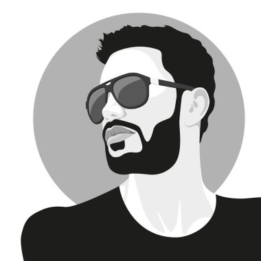 Siyah güneş gözlüğü ve siyah tişört giyen genç sakallı yakışıklı adam, gri tonlu vektör portresi.