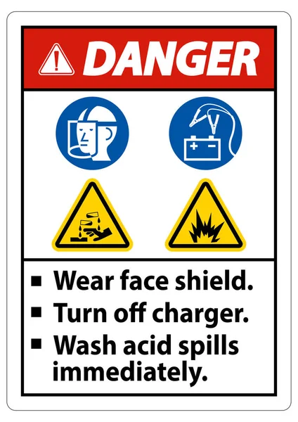 Warning Sign Wear Face Shield Turn Charger Wash Acid Spills — Stock Vector