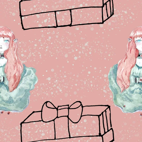 Бесшовный Узор Девушки Акварелью Подарком Новый Год Рождество Тема — стоковое фото
