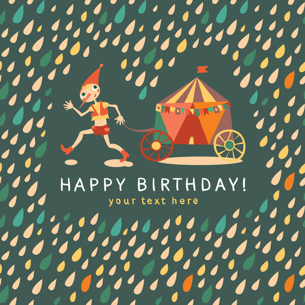 Childrens birthday card. Dark background with multi-colored drops.