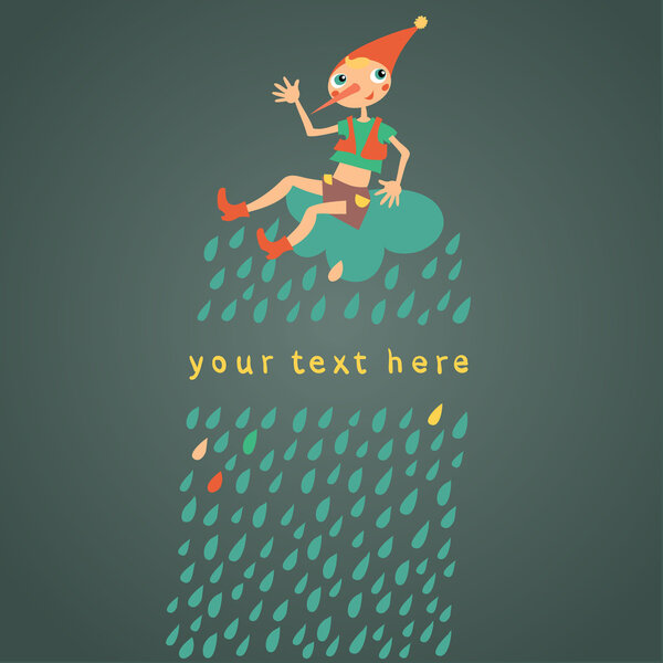 Childrens greeting card. Dark background with drops. Vector illustration