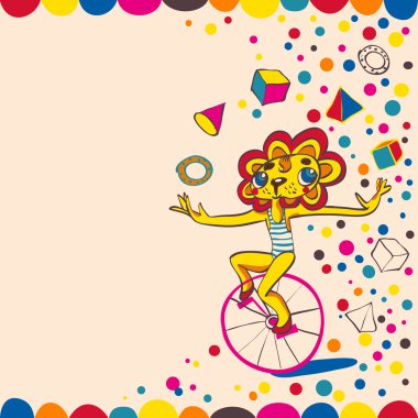 Aslan, bisikletle hokkabazlık. El çizimi. vektör çizim.