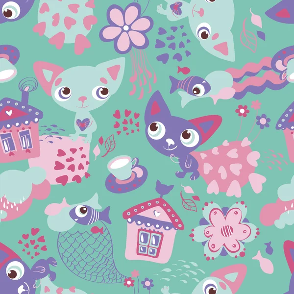 Mignon motif sans couture drôle avec des chats et des poissons — Image vectorielle