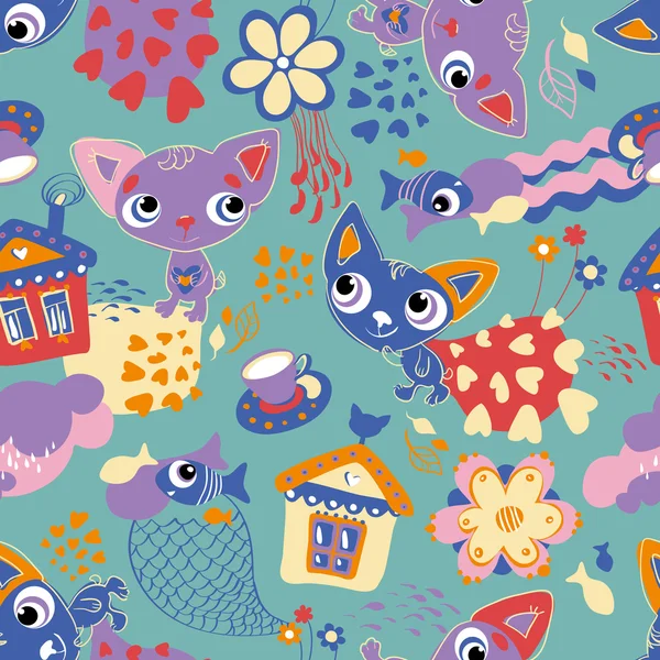 Children's seamless pattern with cats and fishes — Stock Vector