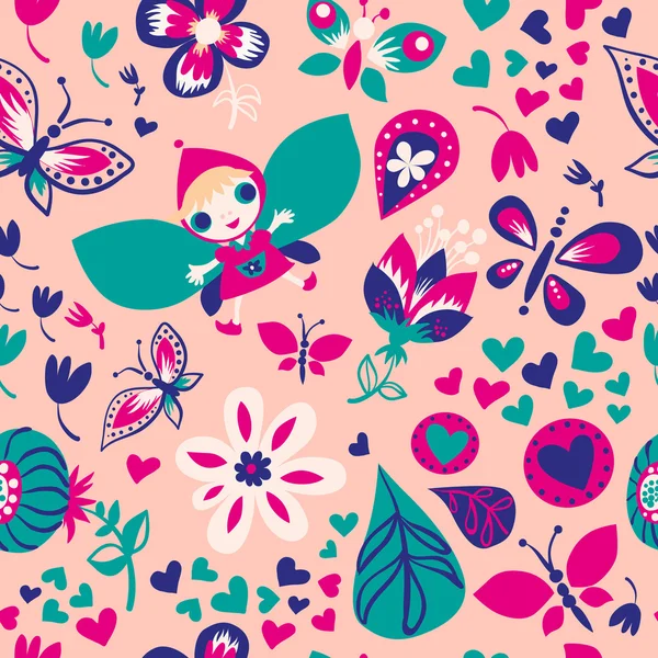 Motif floral coloré sans couture avec fille mignonne — Image vectorielle