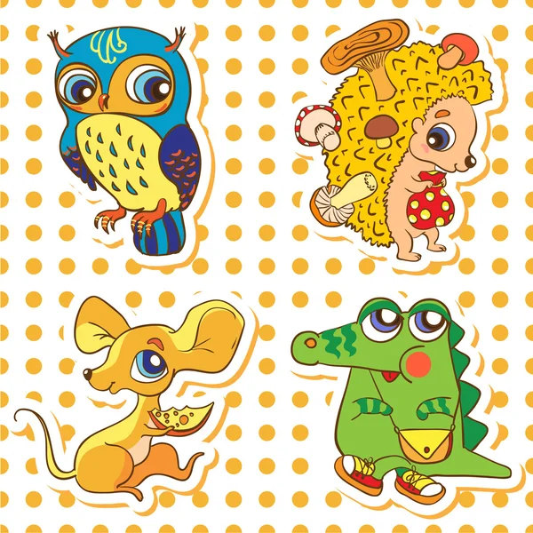 Illustration Set of cute animals: owl, crocodile, mouse, hedgeho — Stock Vector