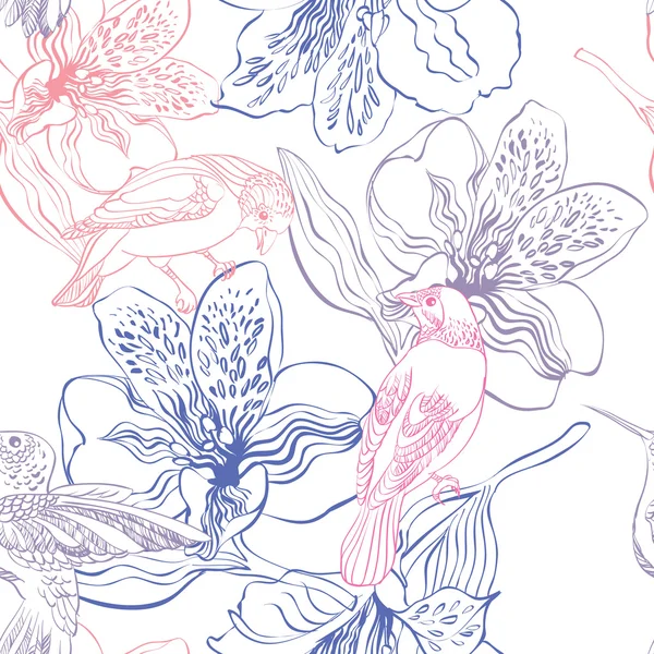 Motif sans couture avec des oiseaux et des fleurs — Image vectorielle