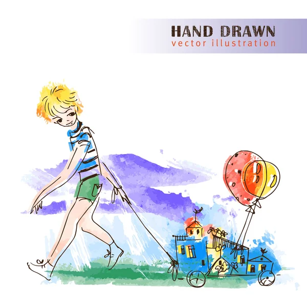 Rapaz com balões. Ilustração vetorial desenhada à mão . — Vetor de Stock