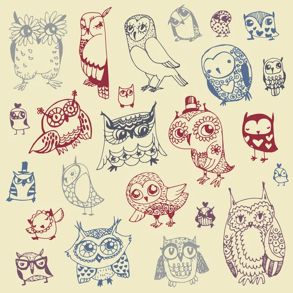 猫头鹰涂鸦集合-手绘-矢量 — 图库矢量图片