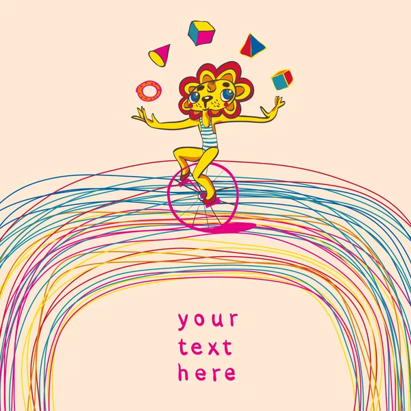 Farbenfroher Hintergrund mit jonglierendem Löwen mit dem Fahrrad. Platz für tex — Stockvektor