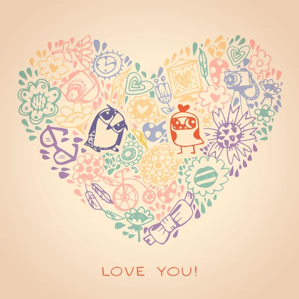 Multicoloured heart and owl template for greeting card and sampl — Stock Vector