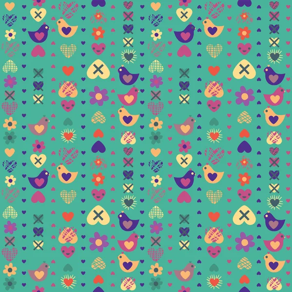 Heart bird flower seamless pattern on blue background. Vector il — Stock Vector