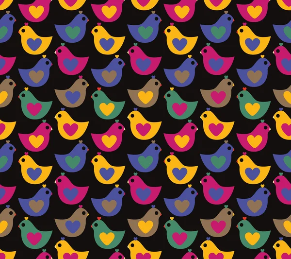 Corazón de pájaro patrón sin costuras sobre fondo oscuro. Ilustración vectorial — Archivo Imágenes Vectoriales