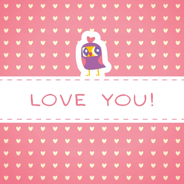 Owls cute greeting card and hearts seamless background. Place fo — Stock Vector