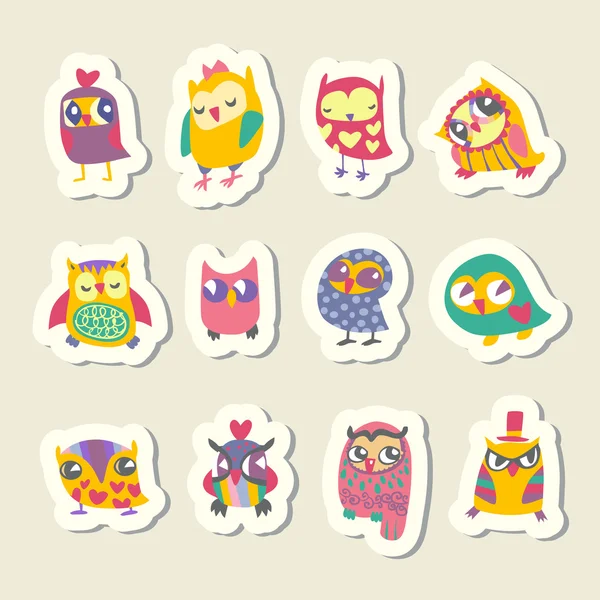 Set of cartoon owls stickers — Stock Vector