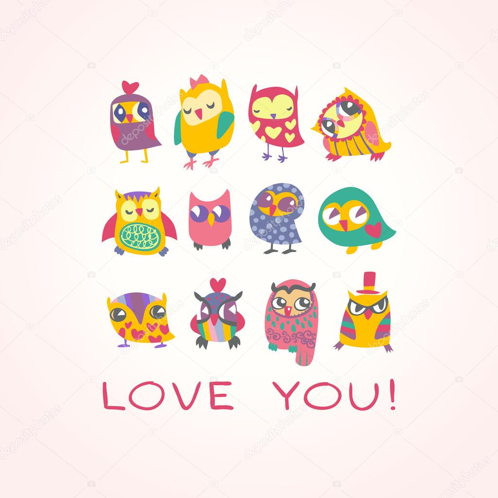 Owls cute greeting card and sample text. Template for design car