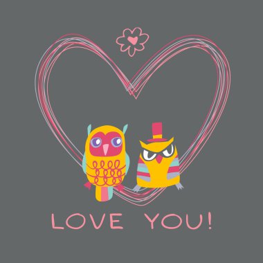 kalp baykuşlar hediye kartı ve örnek metin. koyu arka plan. Şablon