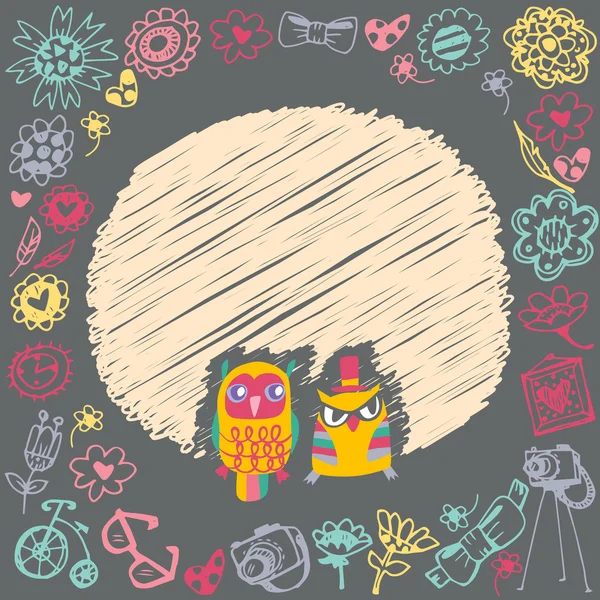 Owls cute cartoon card and sample text. Dark background. Templat — Stock Vector