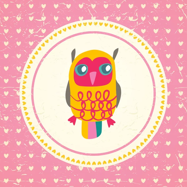 Vintage owls greeting card and hearts seamless background. Hand — Stock Vector