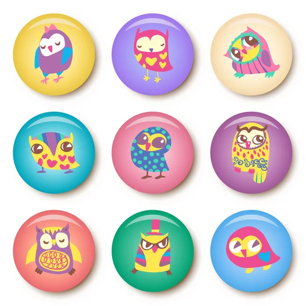 Set of owls cartoon badge template illustration — Stock Vector