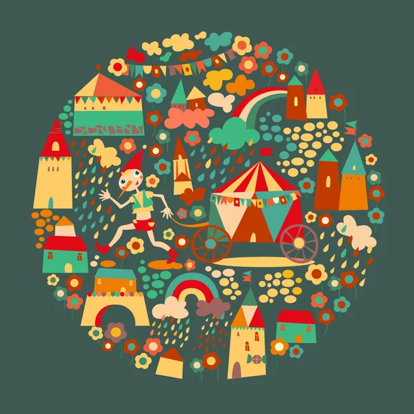 Kids circle dark background. Multicolored houses. — Stock Vector