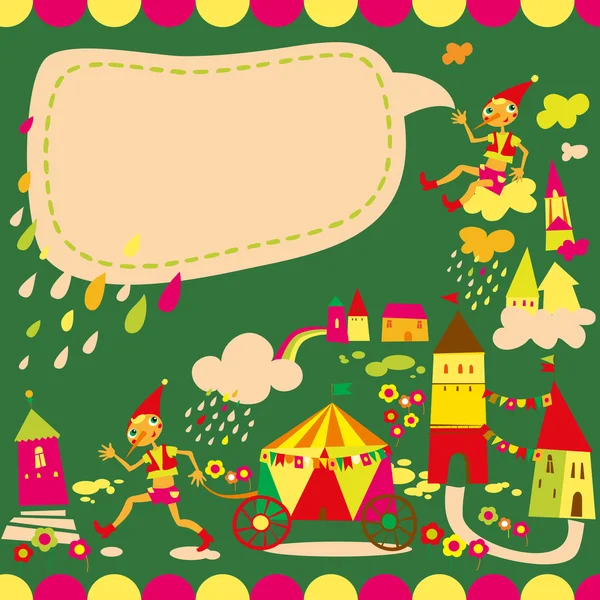 Children's background with speech bubble. Multicolored houses. — Stock Vector