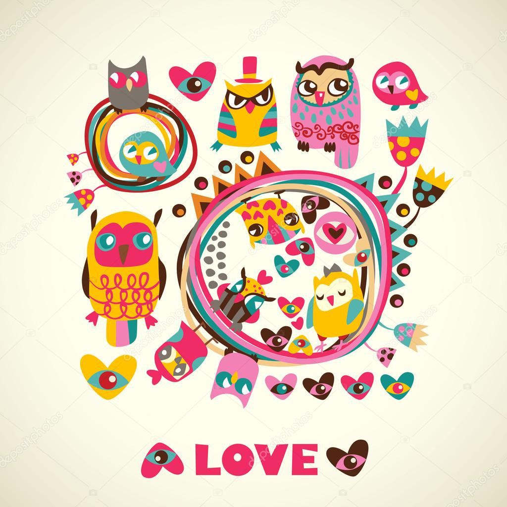 Owls cute background. Template for design cartoon greeting card