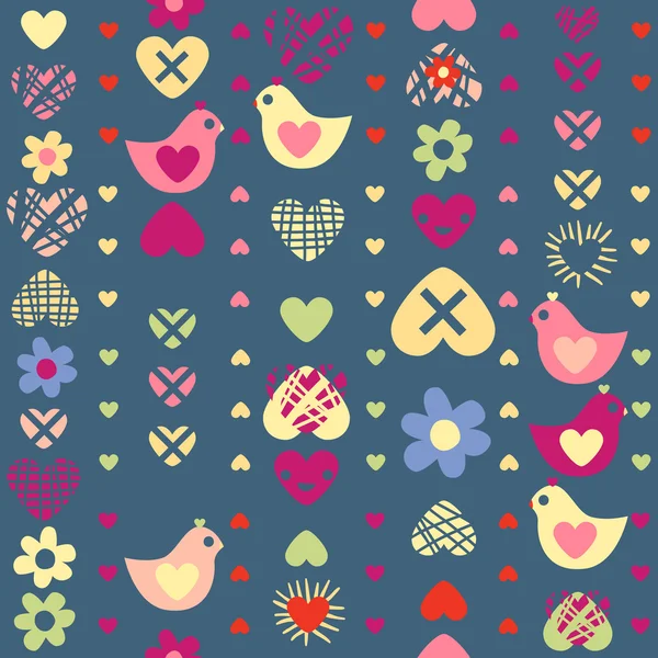 Heart bird flower seamless pattern on dark background. — Stock Vector